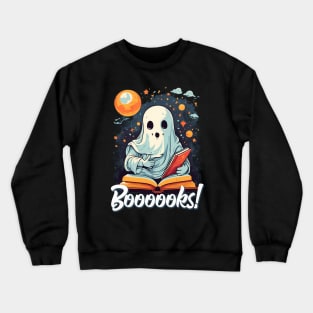 Funny Halloween Cute Ghost Reading a Book Moon Stars Sky Crewneck Sweatshirt